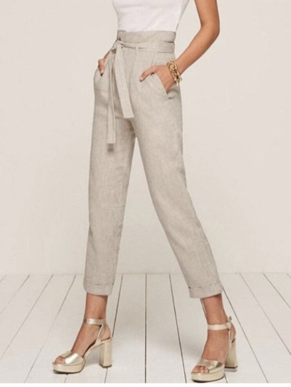 Reformation Size 2 Fisher Cuffed Linen Paper Bag Pants High Waist